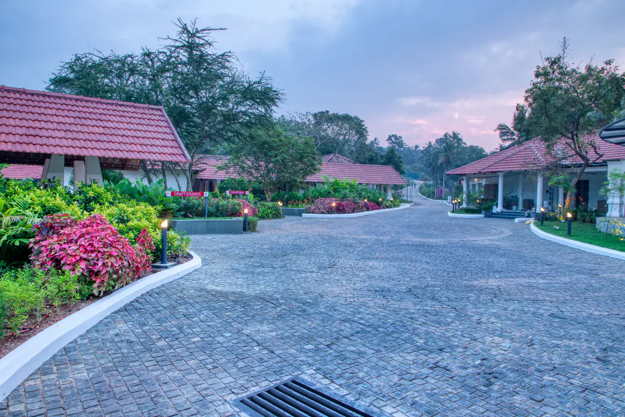Stone-paved drive and planting at the Kerala Arts and Crafts Village