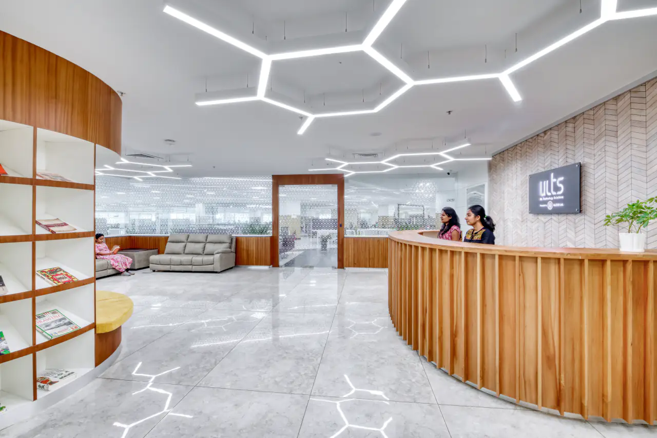 Curved timber reception at the ULTS offices, UL Cyberpark